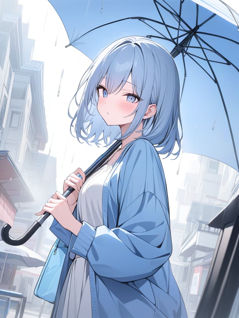  rain, umbrella, bob hair, light blue, masterpiece, best quality,8k,ultra detailed,high resolution,an extremely delicate and beautiful,hyper detail