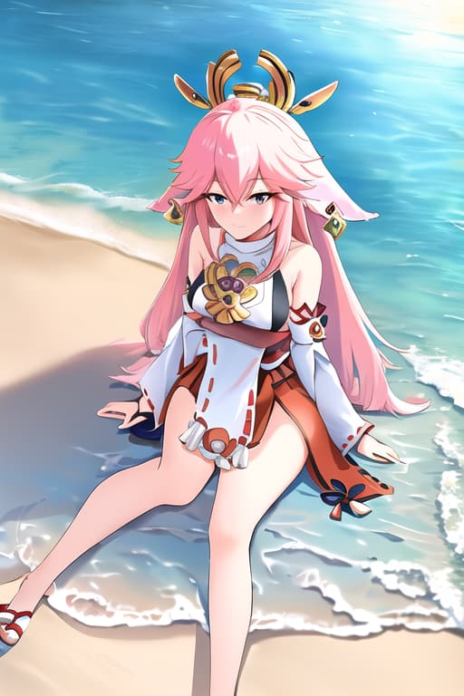  young european women,fox ears,full body,(yae miko:1.3), (masterpiece), (highest quality), (intricate), (high detail),girl at beach, an extremely detailed illustration of a cute beautiful women on the sea beach, detailed water, masterpiece, best quality, high quality, solo