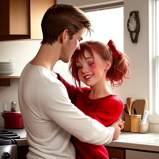  imagine a couple dancing in a dim light in the kitchen, hugging each other tightly. a guy in a white t shirt, and a girl in a sweater with a red flyer bow on her hair in red. "" the atmosphere is warm and cozy.