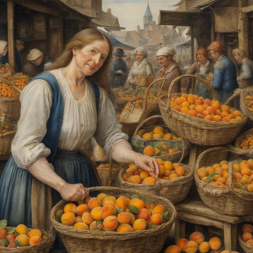  watercolor painting a painting by peter brueghel. a woman selling apricots in the market. . vibrant, beautiful, painterly, detailed, textural, artistic