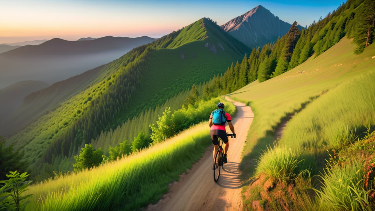  a scenic mountain trail with a cyclist navigating through lush green forests, steep hills, and rocky terrain, showcasing sweat and determination. the sun sets in the background, casting warm hues over the landscape. hyperrealistic, full body, detailed clothing, highly detailed, cinematic lighting, stunningly beautiful, intricate, sharp focus, f/1. 8, 85mm, (centered image composition), (professionally color graded), ((bright soft diffused light)), volumetric fog, trending on instagram, trending on tumblr, HDR 4K, 8K