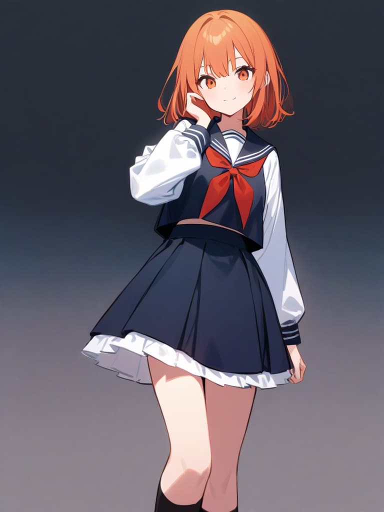  masterpiece {beautiful girl}(orange hair color:1.5){smiling}{sailor uniform wearing}{super miniskirt:1.5}{black knee high socks:1.7}{close up from knee}high quality,16k,super analysis