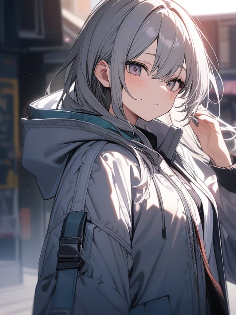  cute, subculture, gray hair, moe sleeves, odd eye, parka, light blue, masterpiece, best quality,8k,ultra detailed,high resolution,an extremely delicate and beautiful,hyper detail