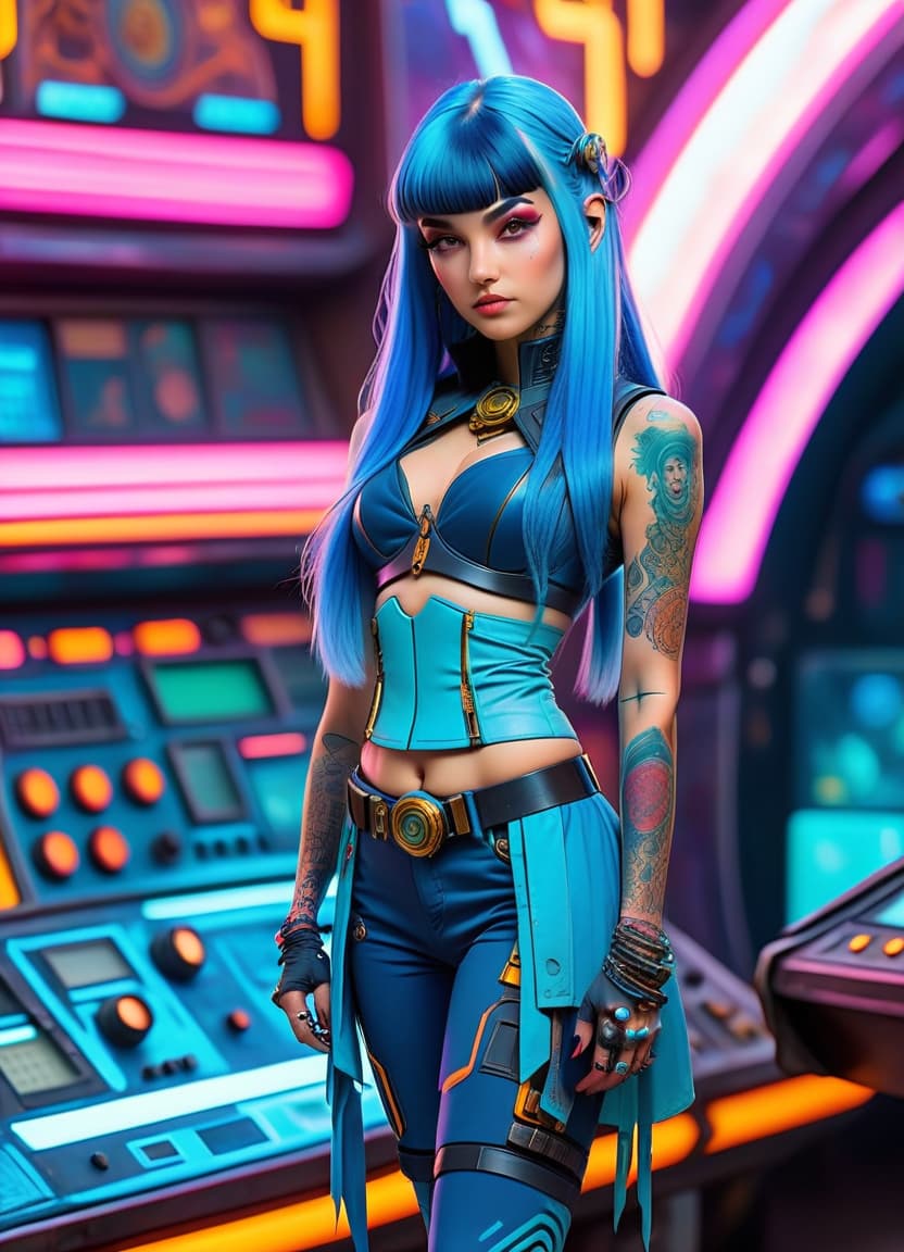  retro cyberpunk genazi air, age girl standing full length, beard, perfect skin, long hair, flat bangs, blue hair, air magician, sorcerer, small , tattoos on hands, fully body, show full body with legs, 8k,hdr, masterpiece, hyperrealisme, extreme detalied, . 80's inspired, synthwave, neon, vint, detailed, retro futurism, perfecteyes