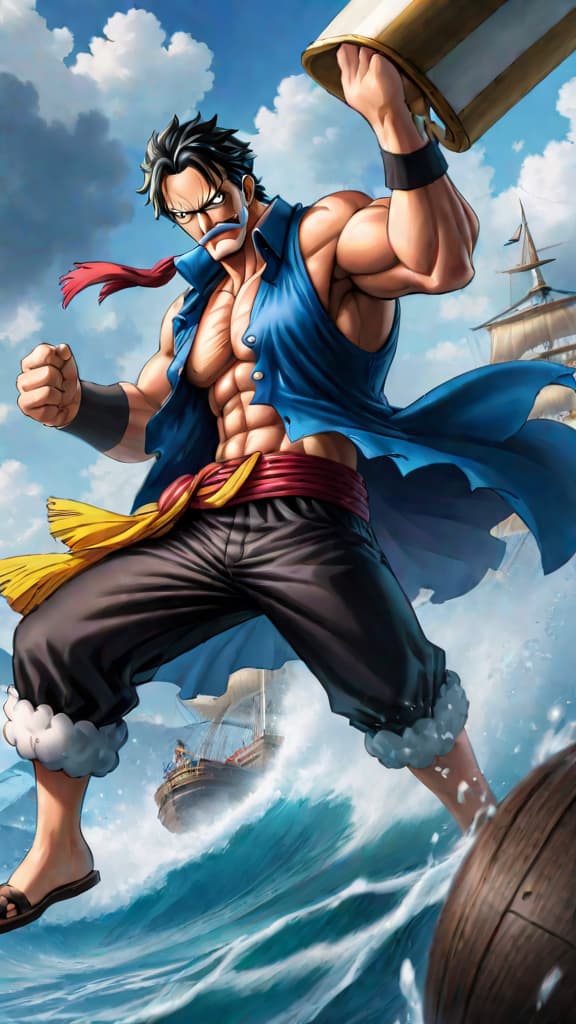  anime art: garp (one piece) clashes with gol d. roger, hinting at luffy's revolutionary roots. hyperrealistic, full body, detailed clothing, highly detailed, cinematic lighting, stunningly beautiful, intricate, sharp focus, f/1. 8, 85mm, (centered image composition), (professionally color graded), ((bright soft diffused light)), volumetric fog, trending on instagram, trending on tumblr, HDR 4K, 8K