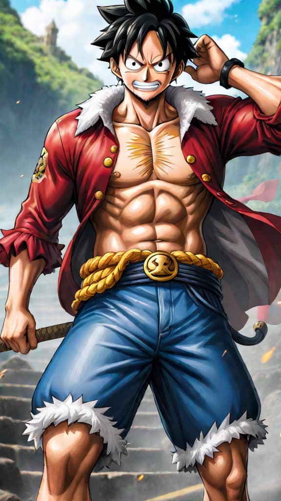  an anime image depicting luffy from "one piece" in gear 5 transformation, visibly exhausted, showcasing immense power and strain. hyperrealistic, full body, detailed clothing, highly detailed, cinematic lighting, stunningly beautiful, intricate, sharp focus, f/1. 8, 85mm, (centered image composition), (professionally color graded), ((bright soft diffused light)), volumetric fog, trending on instagram, trending on tumblr, HDR 4K, 8K