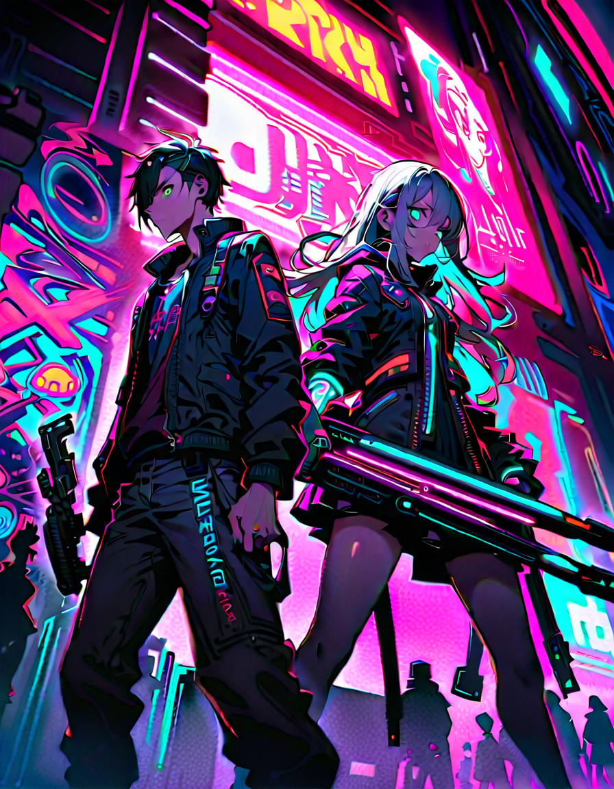  male in 20s, wielding a weapon, standing confidently, confident and focused, break colorful cyberpunk city and a punk dressed armed male in his 20s., neon lit cyberpunk city street, graffiti, neon signs, futuristic weapons, punk style clothing, break vibrant, chaotic, and futuristic, neon lights, vibrant colors, cyberpunk visual effects,