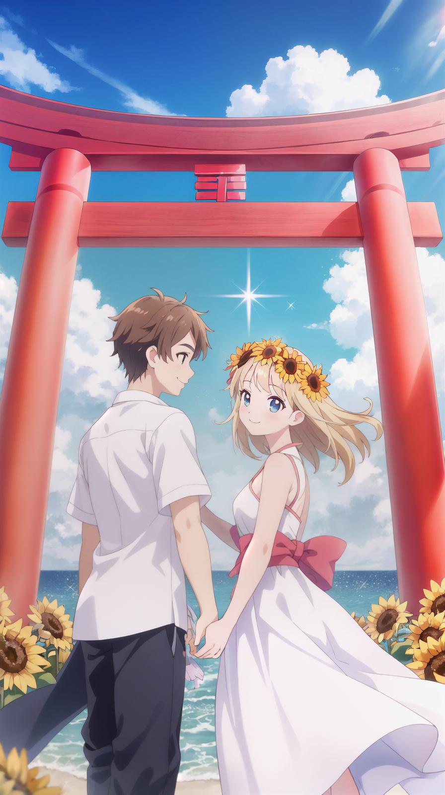  master piece , best quality,beyond the torii gate is the sea, sunflowers in front of the torii gate, young male and female couple in their 20's, white dress, white shirt for the man. holding hands and smiling at each other, anime style clouds in summer, the sea reflects and sparkles