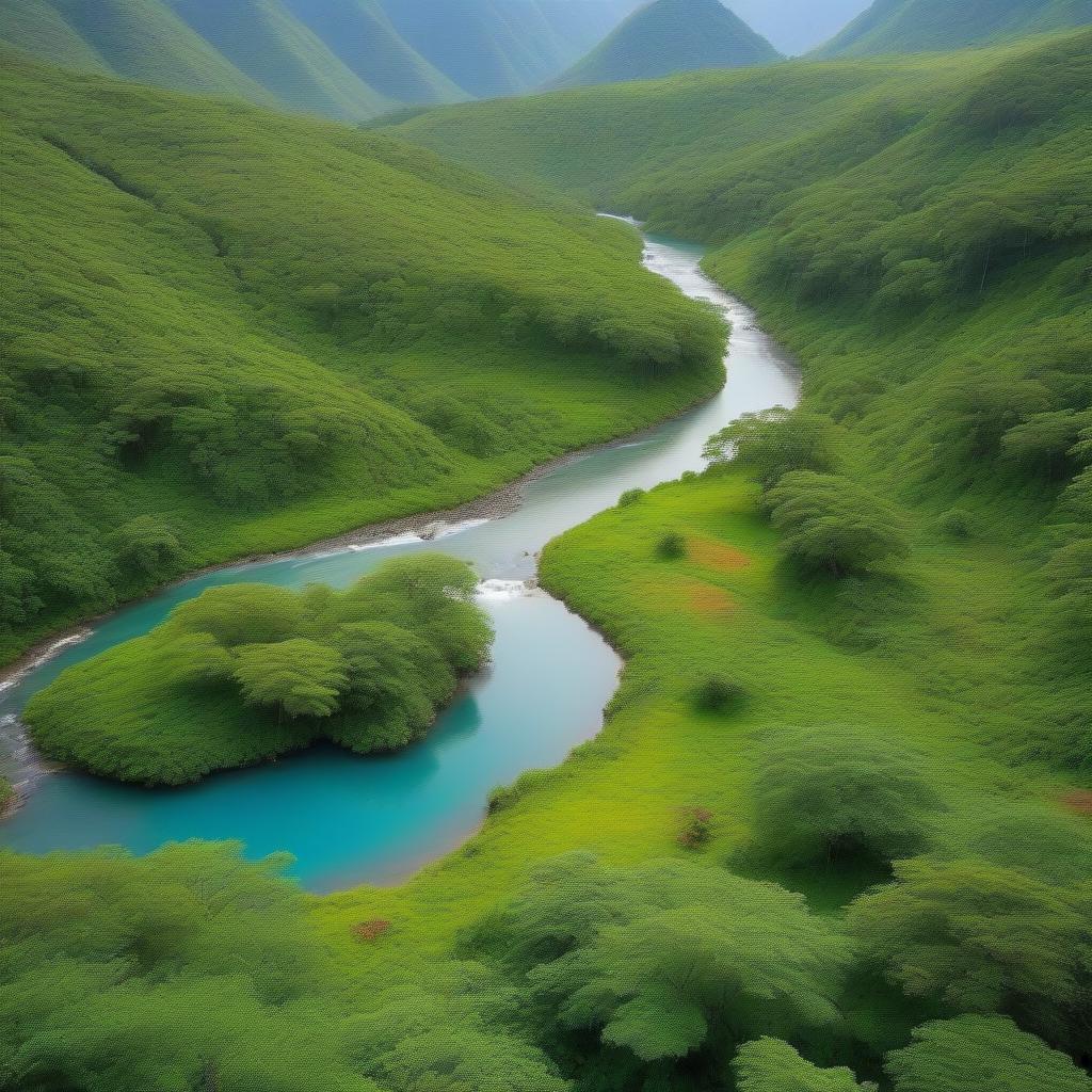  A beautiful colorful landscape from a mountain where a river flows into the distance and a tropic nearby for a couple of kilometers ahead