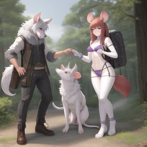  3 characters, Feral wolf, white and silver fur, purple eyes, knotted , highest detail, small anthro mouse, size difference, smallest body, white mouse, red hair, purple eyes, all fours, anal penetration, , backpack, mouse father watching humanoid in hand, open eyes, digital art, masterpiece, 4k, fine details,