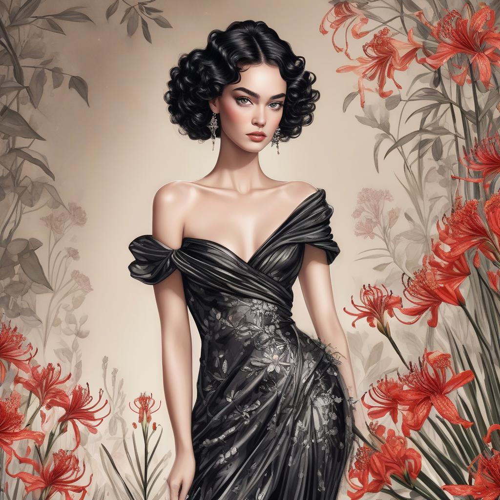  a beautiful girl, long large black curls,a branch of lycoris flowers,glitter, digital painting,fine ink drawing,fashionable vogue cover, botanical,stands realistic in a silk dress,dolce & gabbana, bohemian style,elegant,intriguing,lots of details, photorealism, professional photo,