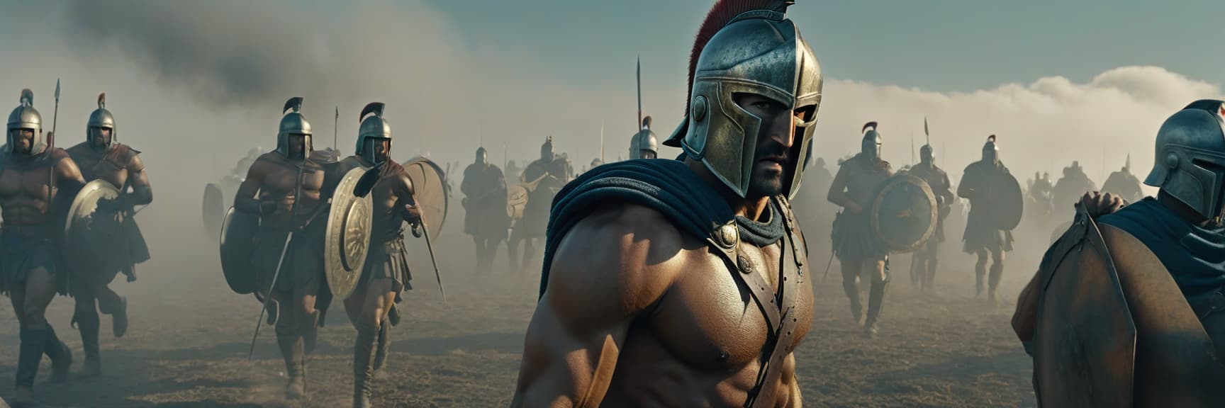  spartan battle hyperrealistic, full body, detailed clothing, highly detailed, cinematic lighting, stunningly beautiful, intricate, sharp focus, f/1. 8, 85mm, (centered image composition), (professionally color graded), ((bright soft diffused light)), volumetric fog, trending on instagram, trending on tumblr, HDR 4K, 8K