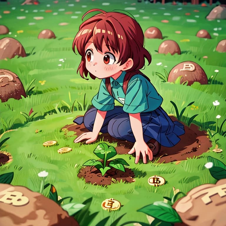  kids planting bitcoin seeds in the soil, (anime:1.15), hq, hightly detailed, 4k