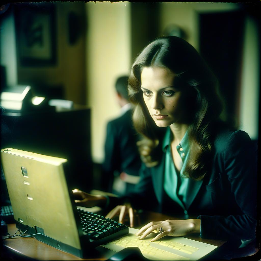  analog film photo woman at the computer, typing on the keyboard . faded film, desaturated, 35mm photo, grainy, vignette, vintage, kodachrome, lomography, stained, highly detailed, found footage