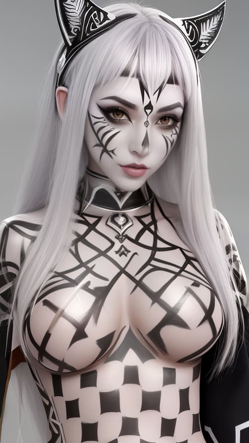  Chessboard check body paint in every corner of the body, Silver body paint all over the body, white face paint on the face, Dark elf 女性