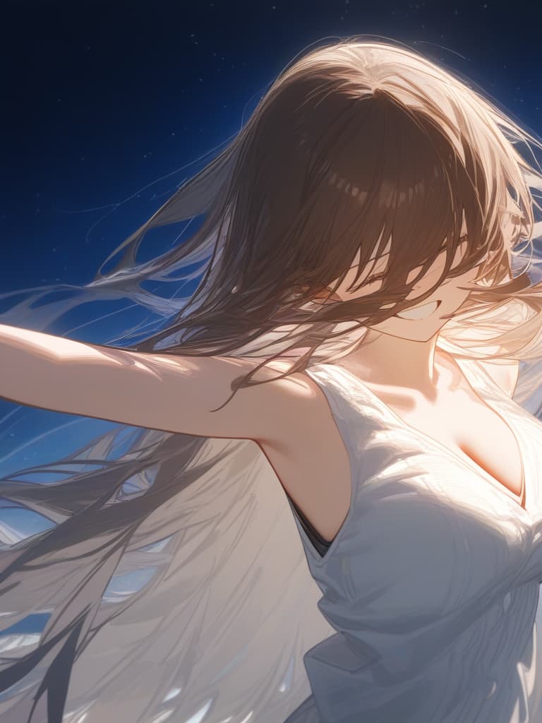  a girl who is laughing at me, bright brown hair, long hair, transparent fleeting, facing here, laughing, under the starry sky, facing here, i am looking at me, wearing a white cardigan over the black sleeveless dress, above the chest, masterpiece, best quality,8k,ultra detailed,high resolution,an extremely delicate and beautiful,hyper detail