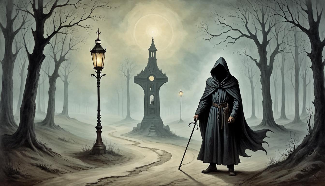  on parchment, surrealism+++, mysterious hooded figure standing at a crossroads, shadows encroaching, holding a lantern, path unclear(mysterious, provocative, symbolic,muted color)+++