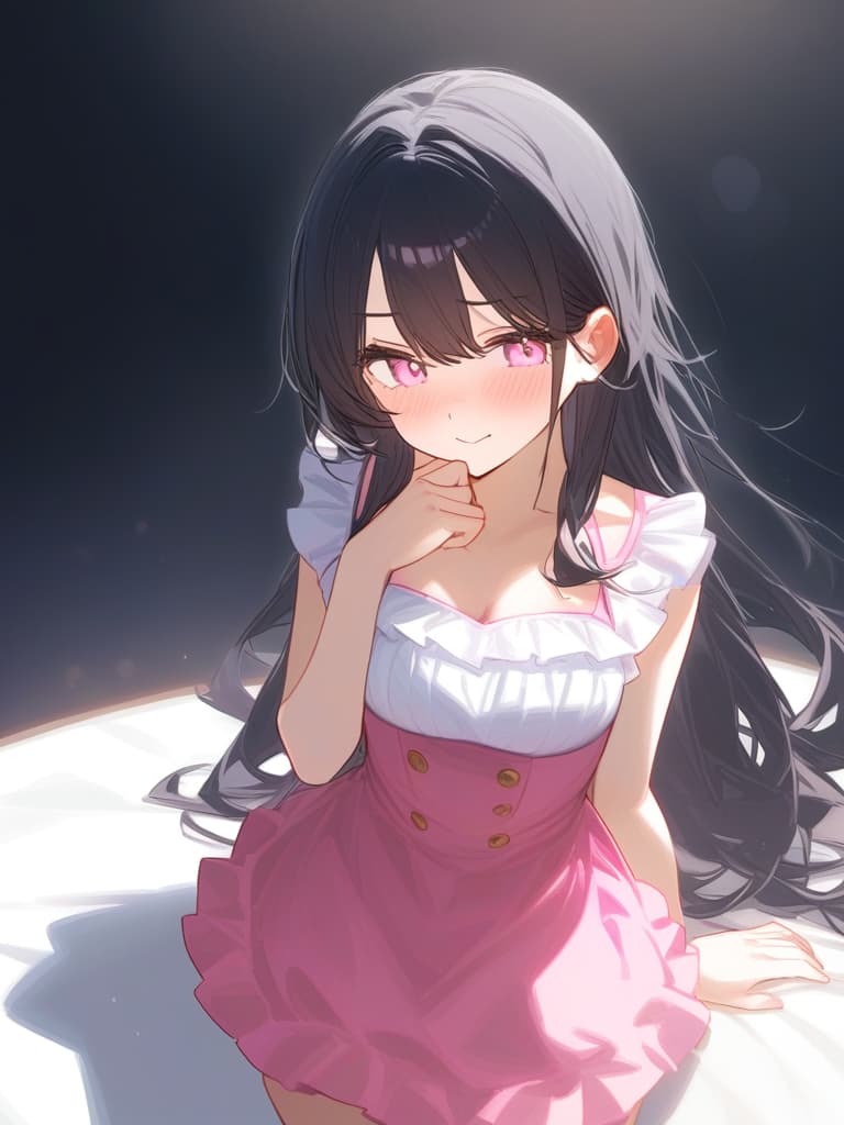  cute face focus,cute,black hair,light pink eyes,cute posing,frill onepiece,long hair,adult,shy