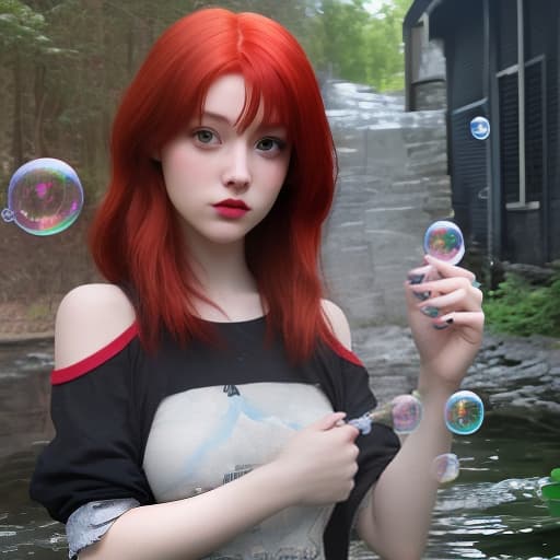  girl with red hair, bubbles behind