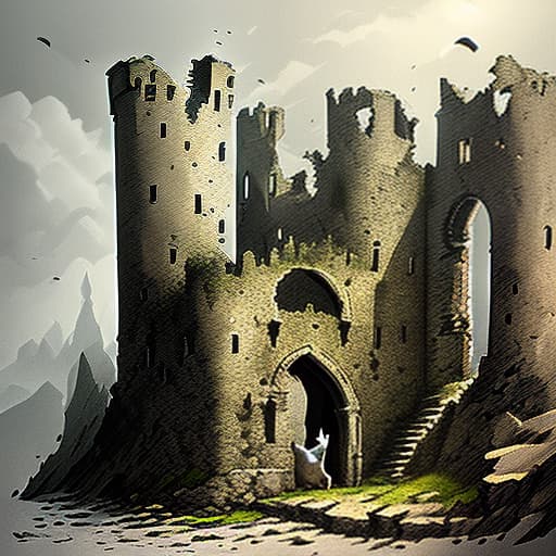  cat in armor amid ruined castle in gloomy tones, animal, illustration, flat, vector, detailed.