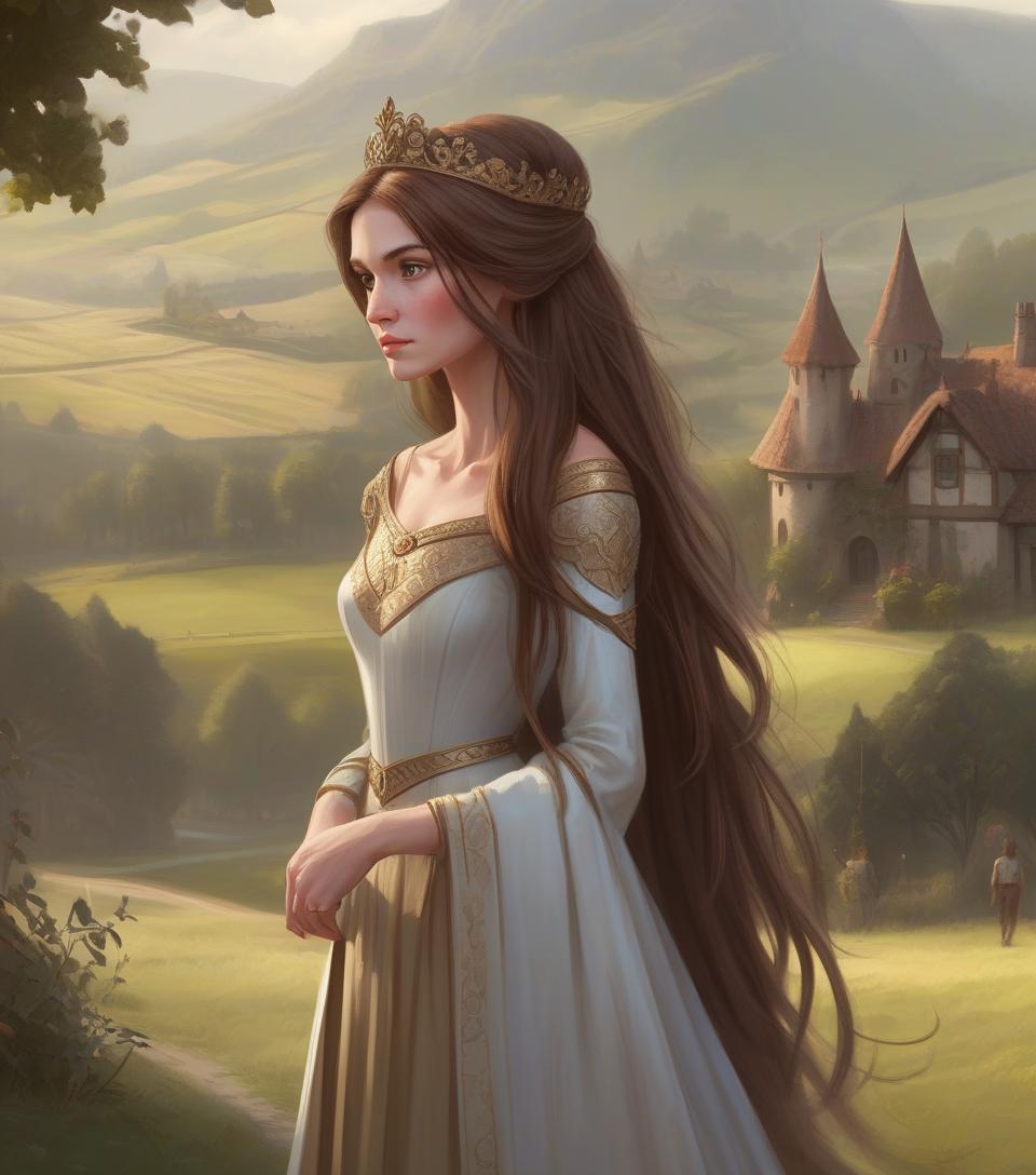  concept art middle age princess, countryside, thin, long brown hair . digital artwork, illustrative, painterly, matte painting, highly detailed