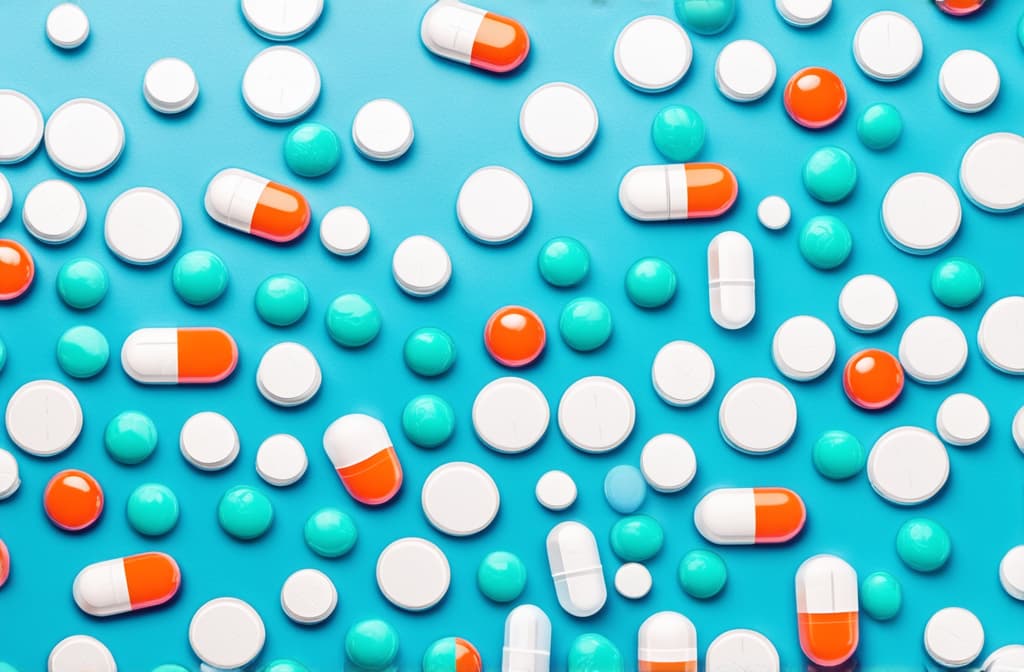  professional detailed photography, abstract background with medical pills. medicine and healthcare concept. ar 3:2, (muted colors, dim colors, soothing tones), (vsco:0.3)