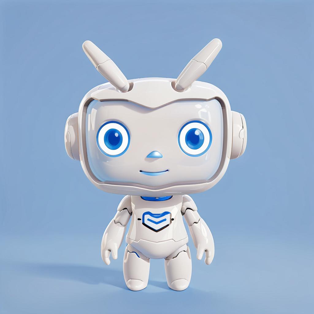  a white cute robot with blue face,a clean and crisp anime illustration with bold outlines, smooth shading,cell shaded, crisp ,flat colors, and a minimalistic background.