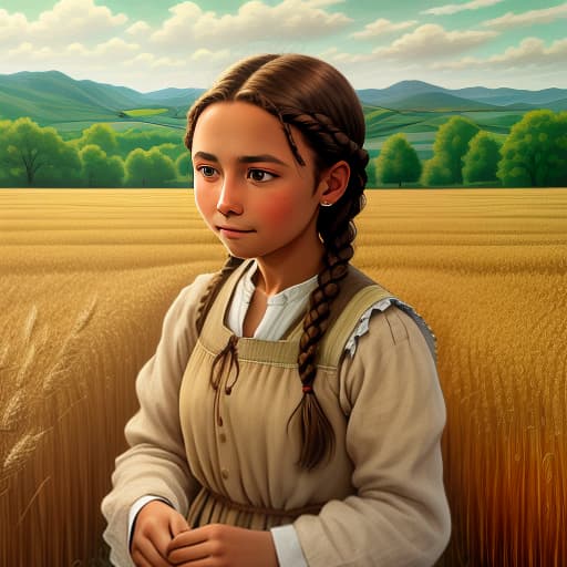  a brown haired girl, a peasant woman with brown eyes in a linen dress in a field collects wheat, her hair is braided in a braid and tied with green ribbon