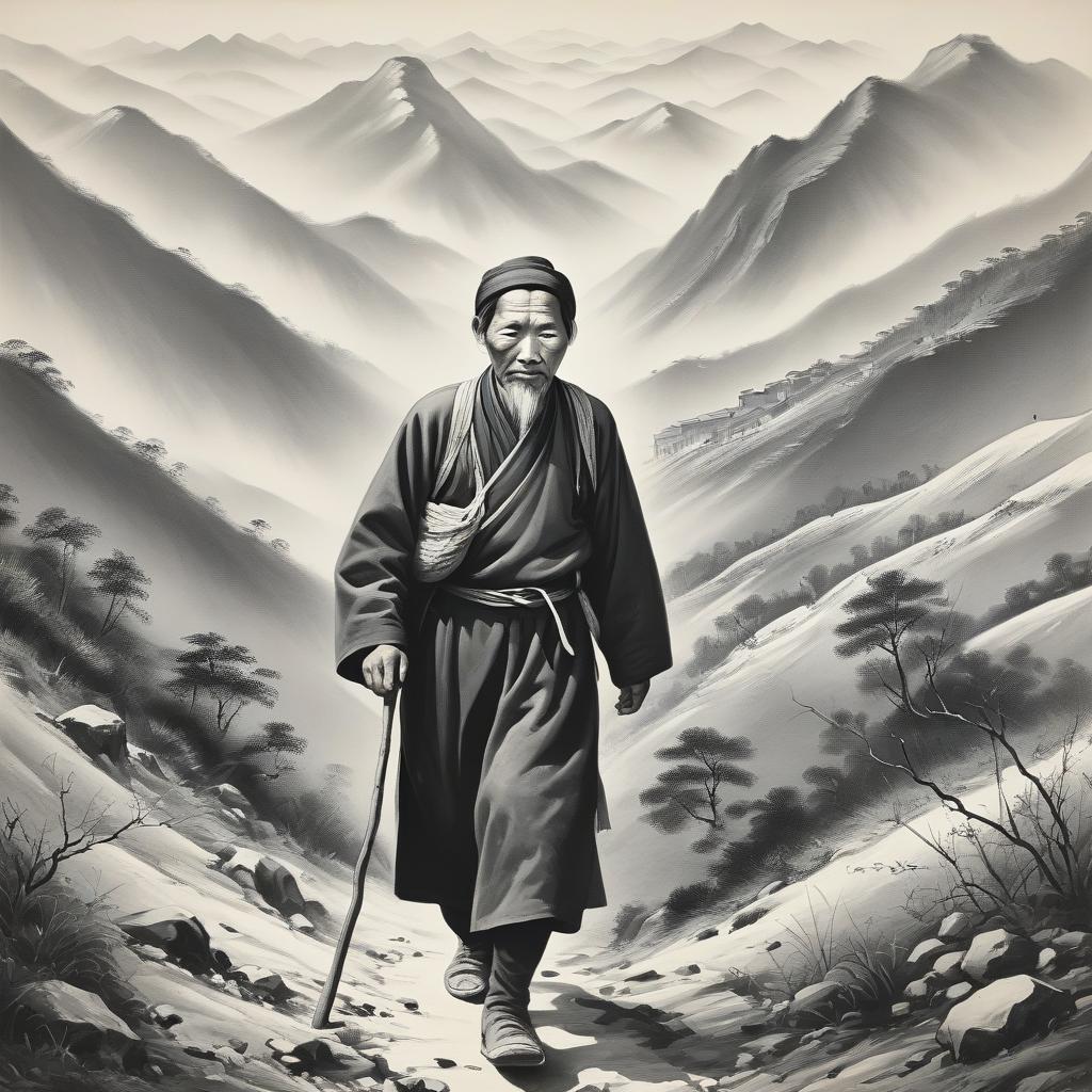  black and white painting: portrait of a chinese peasant walking in the mountains. chinese fanzines are on the horizon.