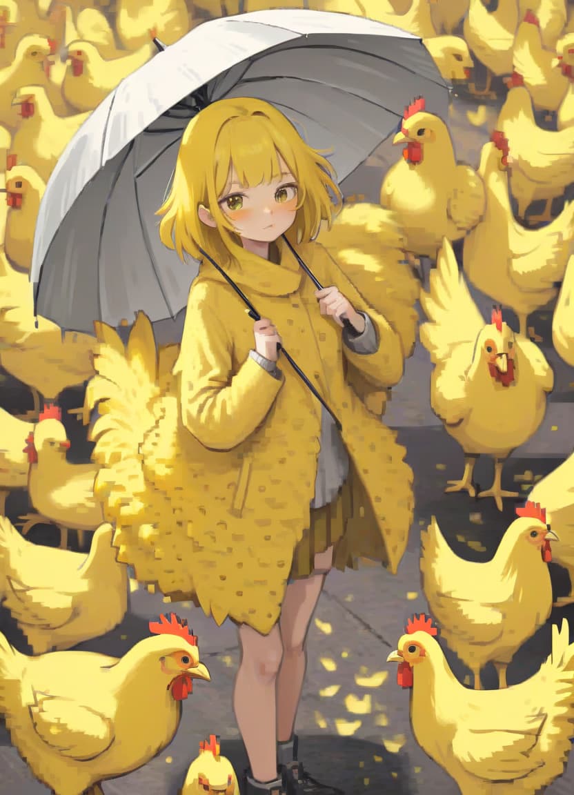  the girl covered with an umbrella of yellow chickens