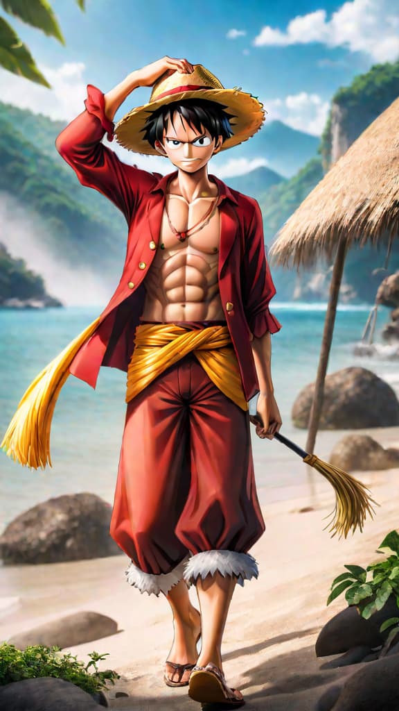  anime art of monkey d. luffy holding the iconic straw hat, symbolizing shanks's trust and teachings. hyperrealistic, full body, detailed clothing, highly detailed, cinematic lighting, stunningly beautiful, intricate, sharp focus, f/1. 8, 85mm, (centered image composition), (professionally color graded), ((bright soft diffused light)), volumetric fog, trending on instagram, trending on tumblr, HDR 4K, 8K