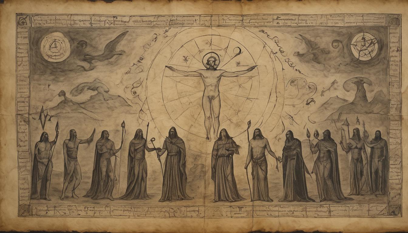  on parchment, surrealism++, central figure marked with runes, glowing aura, dark background filled with indistinct threatening figures, chosen, destiny(mysterious, provocative, symbolic)++