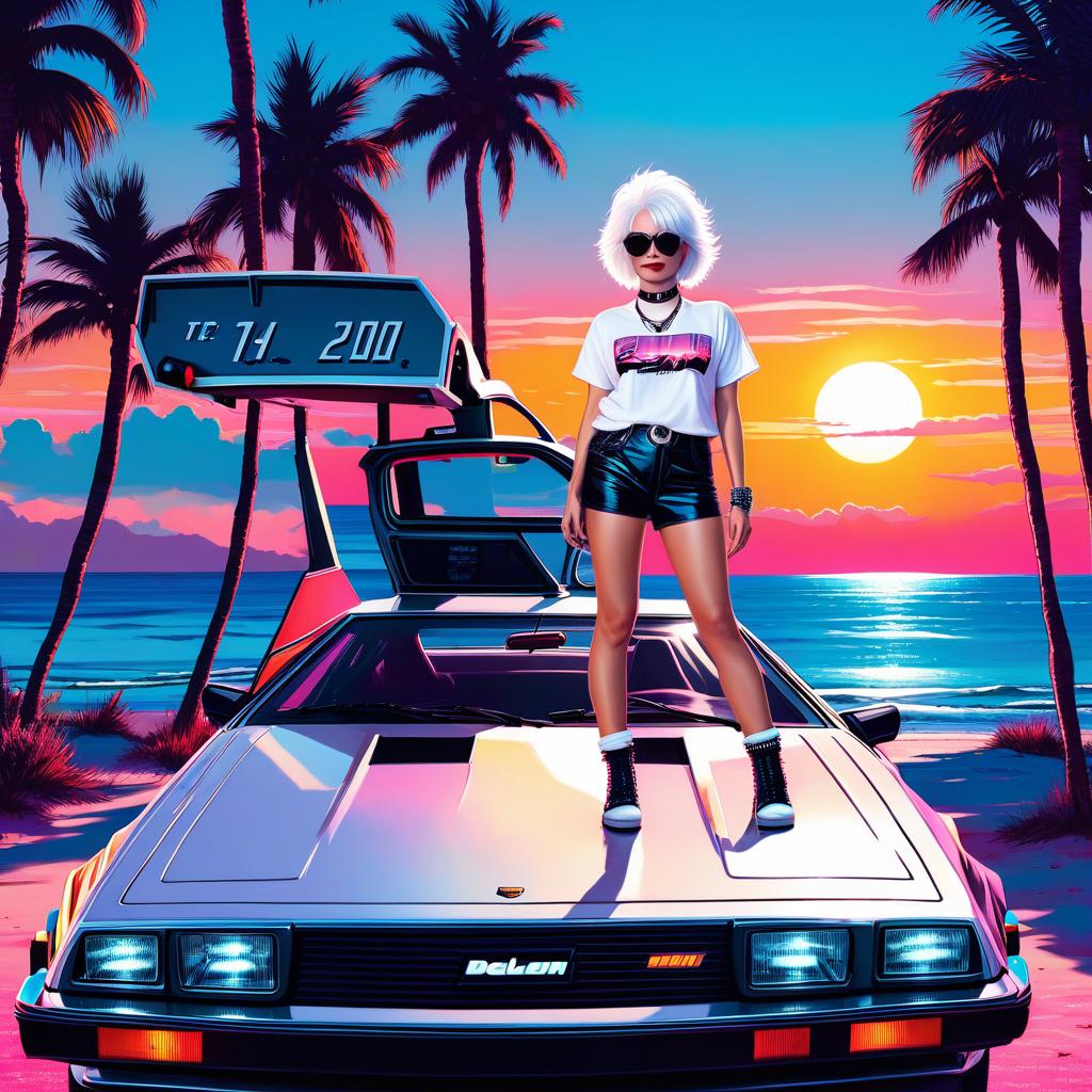  a woman with white hair, a very short pixie haircut in sunglasses, a top t shirt, with a choker around her neck, stands in full height near a delorean dmc 12 car. seaside, palm shade. neon sunset, neon inscription "neon cherry", digital photo, high detail, high realism.