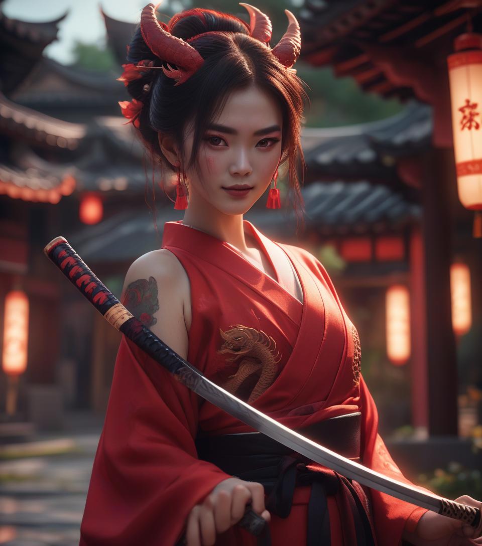  8k uhd, dslr,film grain, fujifilm xt3,(best quality:1.3), (masterpiece:1.1), high resolution, cinematic light, intricate details, (photorealistic) (night scene) a realistic backlight dramatic red tone light photography full body of a beautiful japanese geisha girl,looking forward ((facial texture pore detail)), grin demonic smile, simple messy hairdo, wearing satin black kimono with traditional dragon motif, open shoulder, full body colourful dragon tattoo, holding long katana blade, inside traditional villa, 8k, bokeh foreground