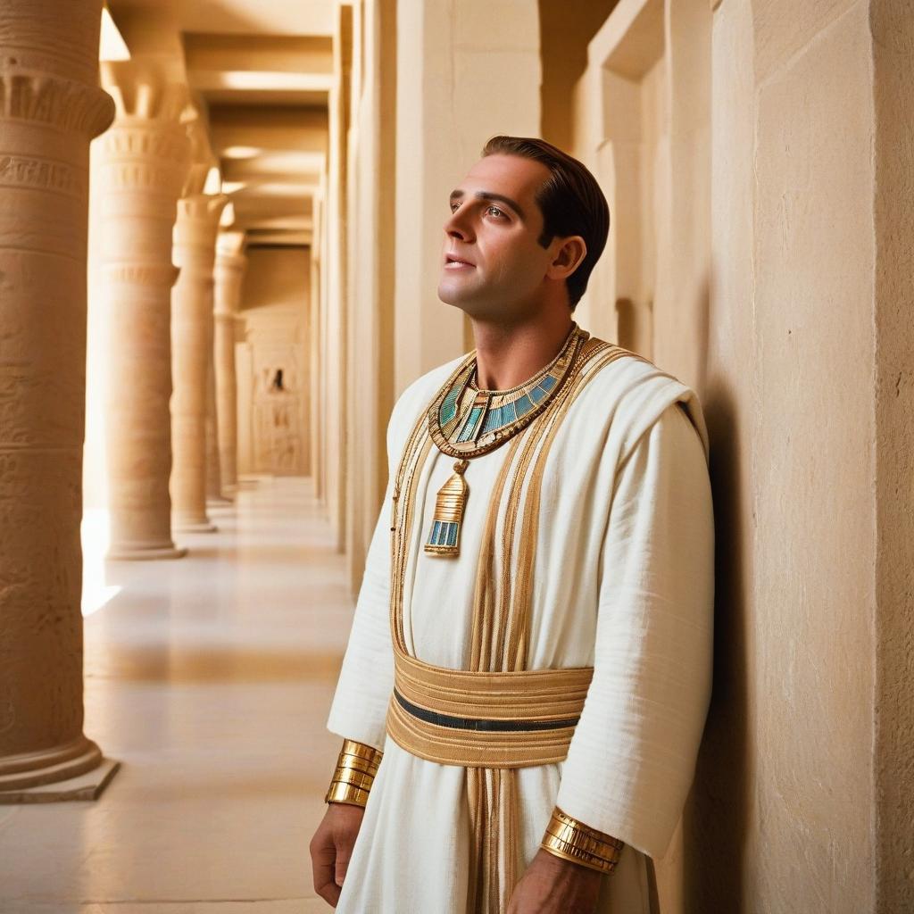  cinematic photo footage from the film; pastel colors; face and body angle in 3/4; an incredibly beautiful thirty ancient egyptian man is waiting for someone in the corridor of an ancient egyptian building, leaning against the wall and looking up; he raised his head up; he is dressed in exquisite ancient egyptian clothes made of white linen and wears ancient egyptian jewelry; he looks much younger than his years; he has pleasant, pretty facial features; his face is smoothly ; he has delicate and smooth skin; he has unusual white for an egyptian; he is dressed in a white cinema; he has a brightly lit corridor with a straight linear, with a straight shoulder skin; he is covered with a straight shoulder hair. . 35mm photograph, f