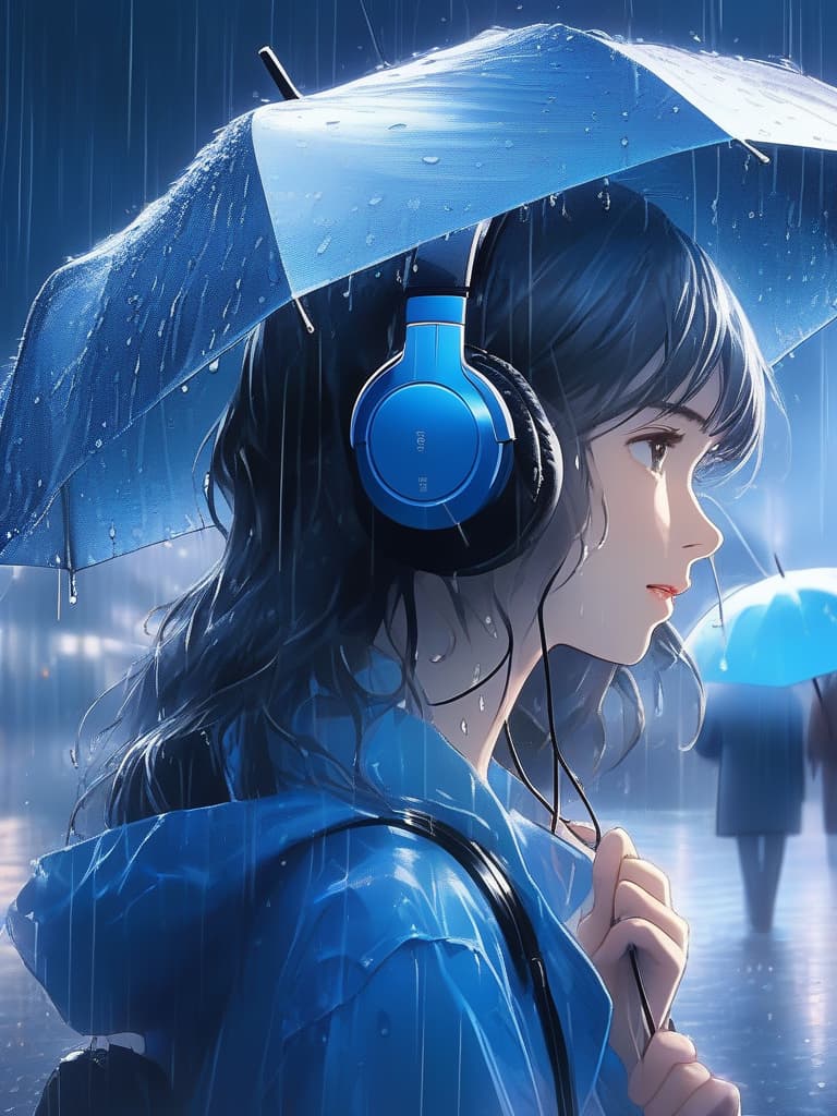  black, headphones, rain, umbrellas, masterpiece, best quality,8k,ultra detailed,high resolution,an extremely delicate and beautiful,hyper detail