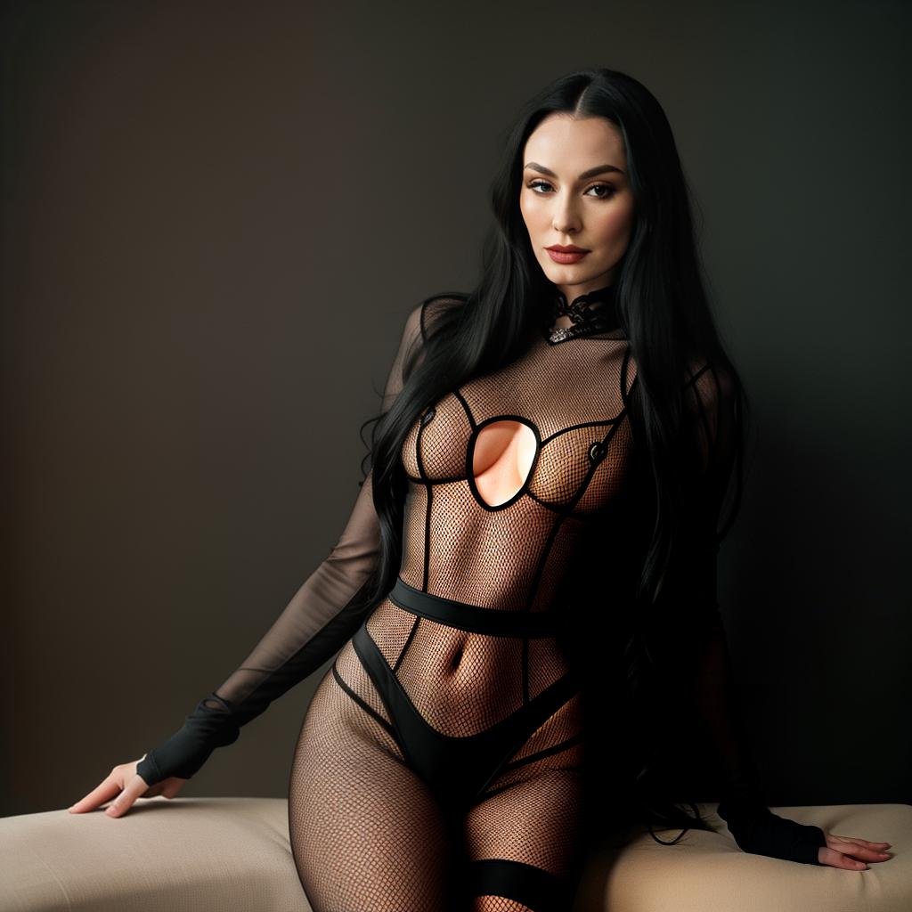  Morticia Addams wearing a fishnet body stocking hyperrealistic, full body, detailed clothing, highly detailed, cinematic lighting, stunningly beautiful, intricate, sharp focus, f/1. 8, 85mm, (centered image composition), (professionally color graded), ((bright soft diffused light)), volumetric fog, trending on instagram, trending on tumblr, HDR 4K, 8K