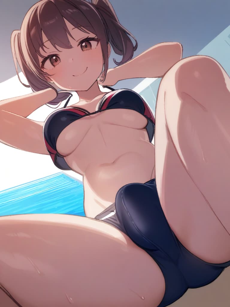  women's elementary students (with male), twin tails, cute smiles, rich s, short stature, dark blue swimwear, old swimwear, swimwear, simple, (swelling), upward, (bulge), front, whole body, pool side,