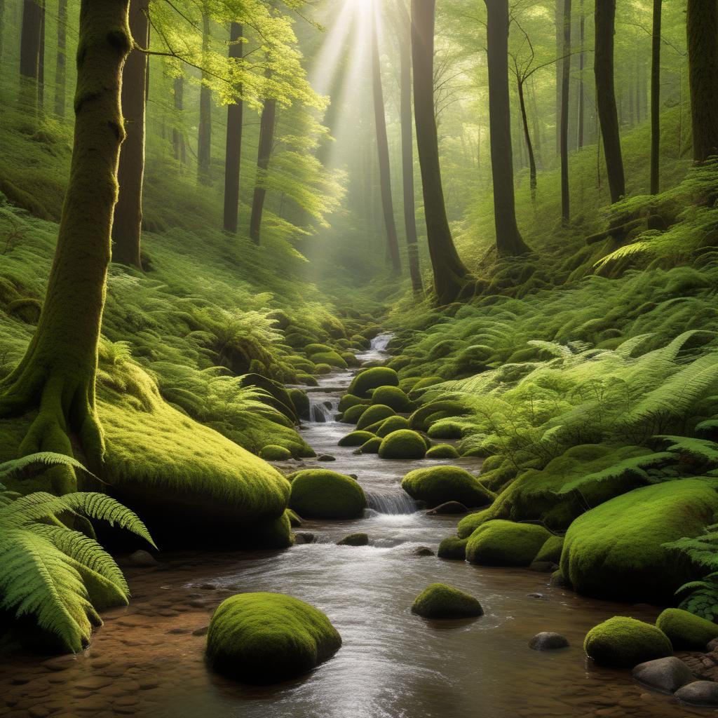  A serene forest landscape. Tall, dense trees with varied shades of green. Sunlight streaming through the canopy, casting dappled light on the forest floor. A small stream winding through the scene, with rocks and moss along its edges. Soft, diffused light giving the scene an ethereal quality. Forest undergrowth like ferns, small shrubs, and fallen leaves visible. No animals or humans, just a peaceful, natural forest setting. hyperrealistic, full body, detailed clothing, highly detailed, cinematic lighting, stunningly beautiful, intricate, sharp focus, f/1. 8, 85mm, (centered image composition), (professionally color graded), ((bright soft diffused light)), volumetric fog, trending on instagram, trending on tumblr, HDR 4K, 8K