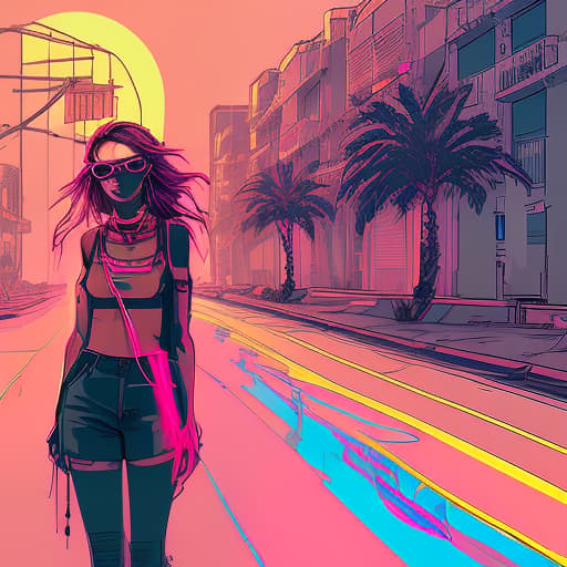 nvinkpunk a woman with bright red hair below her shoulders, wearing sunglasses, a t shirt top, with a choker around her neck, stands against a neon sunset. seaside, palm shade.