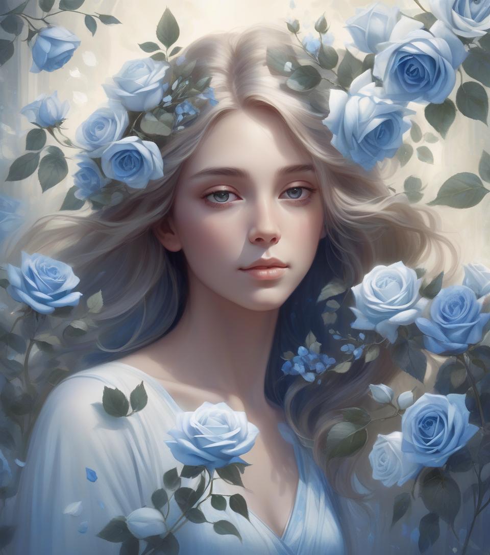  concept art a serene woman with flowing hair holds blue and white roses, surrounded by soft light and delicate leaves, embodying grace and beauty in a captivating portrait . digital artwork, illustrative, painterly, matte painting, highly detailed