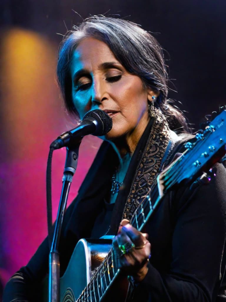  A younger Country singer Joan Baez, medium shot, upper body, spotlight, long exposure lighting, street art style spray paint, glamour lighting