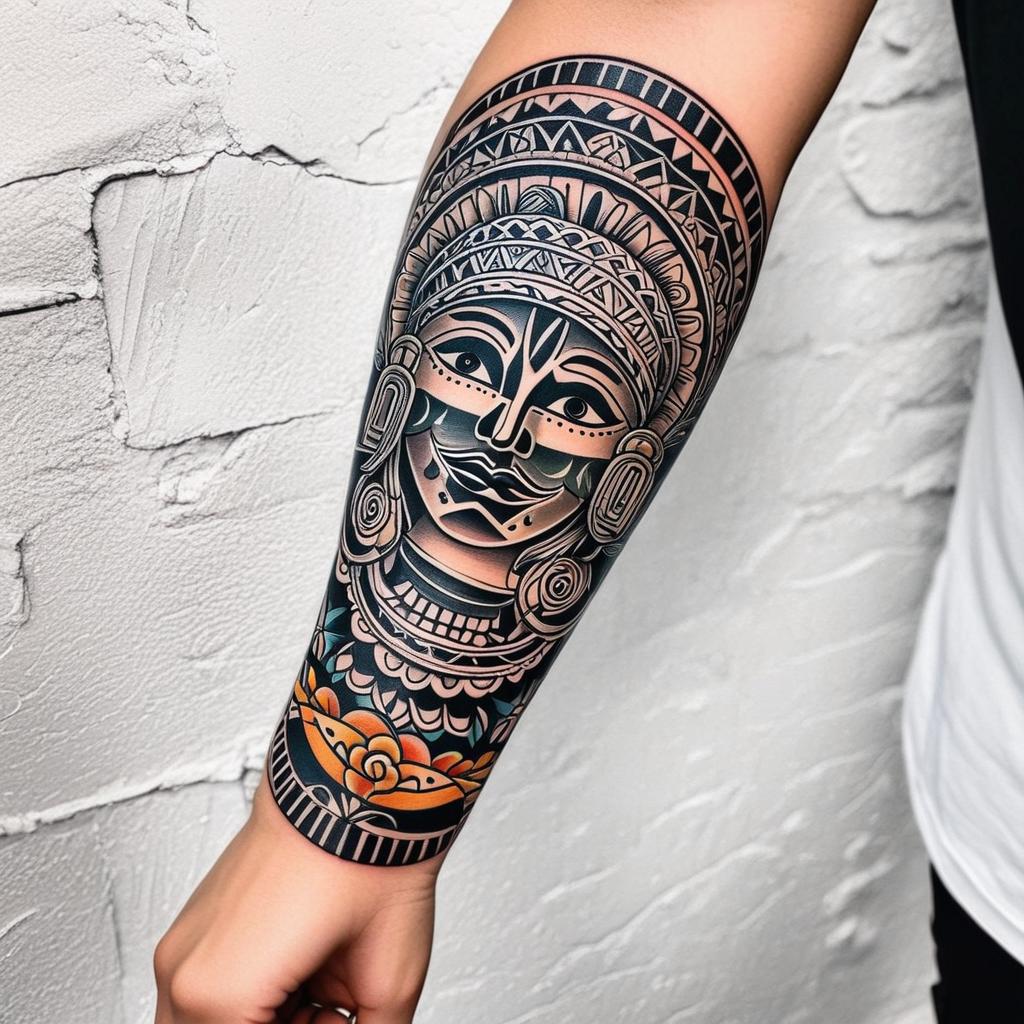  tacos, mexico, mayan culture, (tattoo), (sleeve tattoo design on the arm)