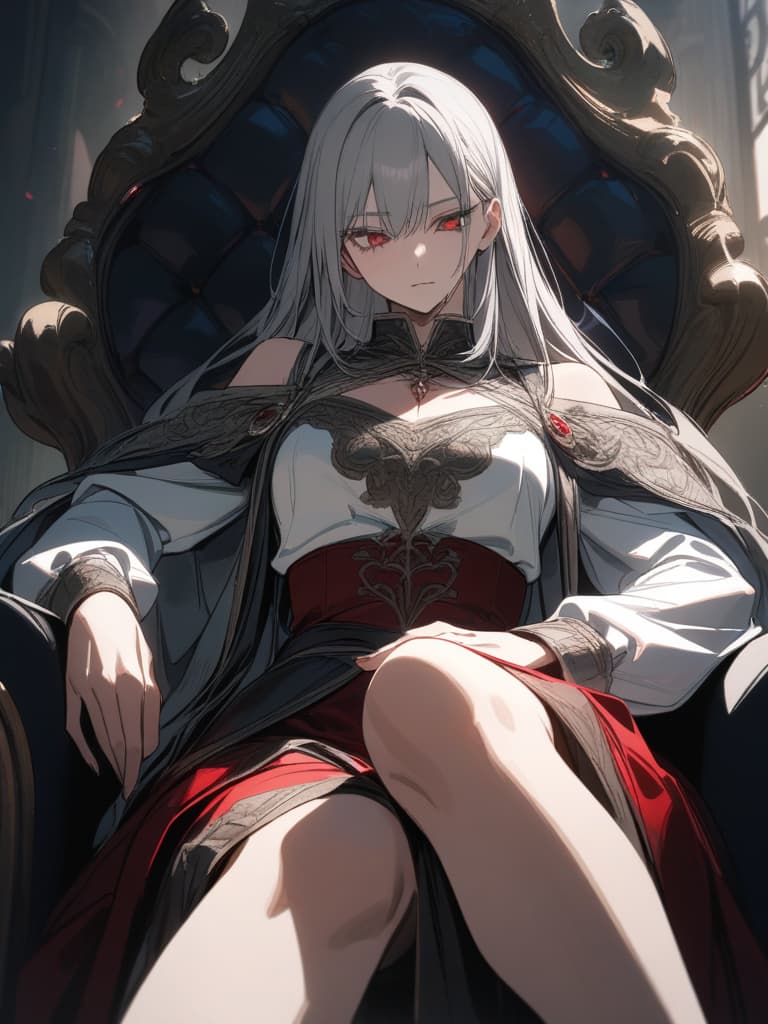  vampires, handsome, gray hair, red eyes, tall, tall, sitting on the throne, looking down, looking down, crossing the legs, dressing like a medieval aristocrat, one person, one, long, long. hair, man, masterpiece, best quality,8k,ultra detailed,high resolution,an extremely delicate and beautiful,hyper detail