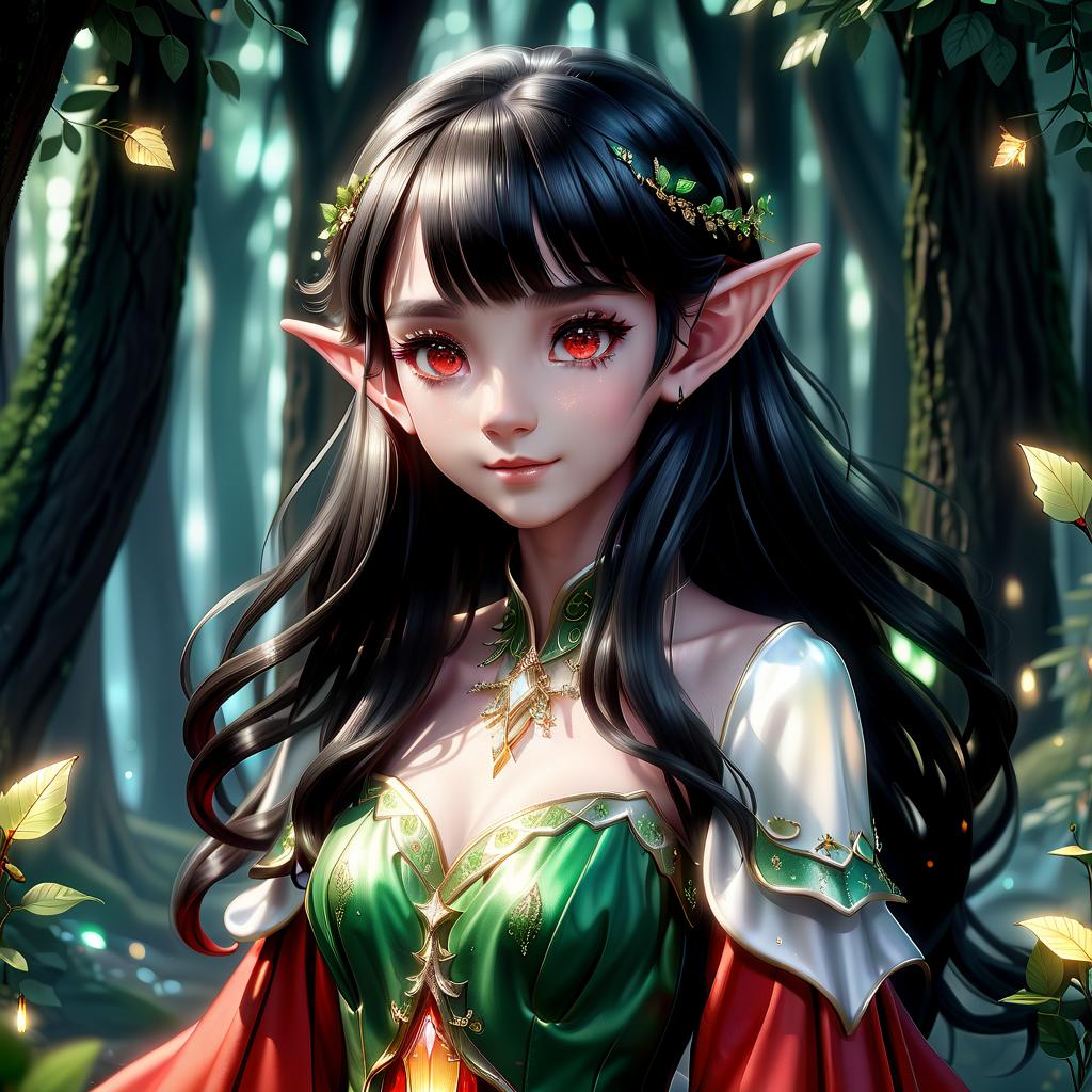  kawaii style elf wearing a gown with sparkling details with a white glow and shining long wavy detailed hairs, black hair, fairy forest, red eyes, realistic . cute, adorable, brightly colored, cheerful, anime influence, highly detailed, hkmagic, civitai