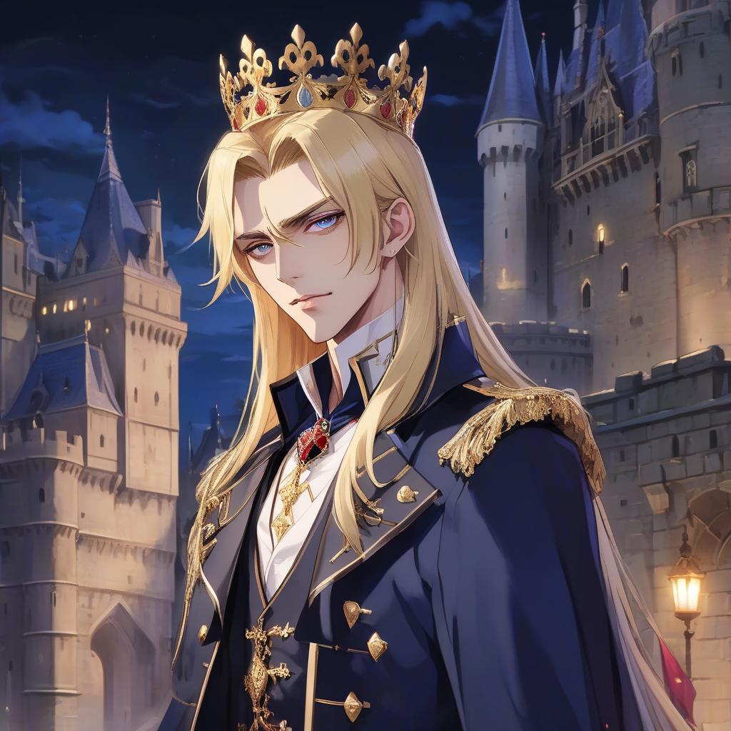  anime artwork young vampire aristocrat with long blonde hair rich clothes and a crown on his head, night, near the castle, aesthetics of beauty and grandeur . anime style, key visual, vibrant, studio anime, highly detailed