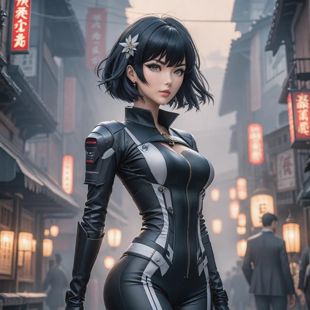   anime , caucasian, short black hair, small , big , ((anime)) hyperrealistic, full body, detailed clothing, highly detailed, cinematic lighting, stunningly beautiful, intricate, sharp focus, f/1. 8, 85mm, (centered image composition), (professionally color graded), ((bright soft diffused light)), volumetric fog, trending on instagram, trending on tumblr, HDR 4K, 8K