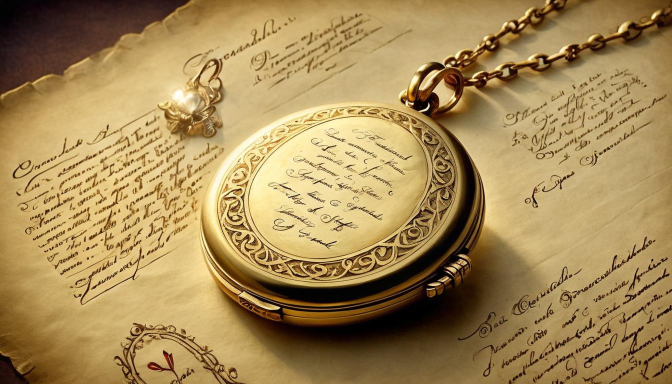  on parchment, surrealism+++, golden locket, glowing, warm light, delicate inscription, eternal, cherished(mysterious, provocative, symbolic,muted color)+++