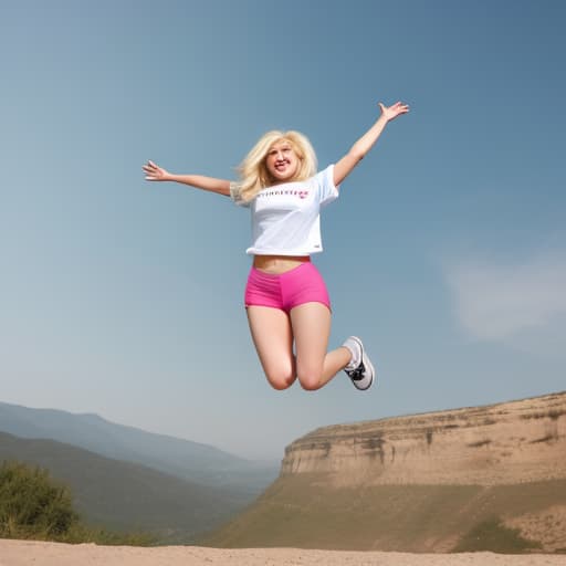  Blonde woman jumping with a t shirt