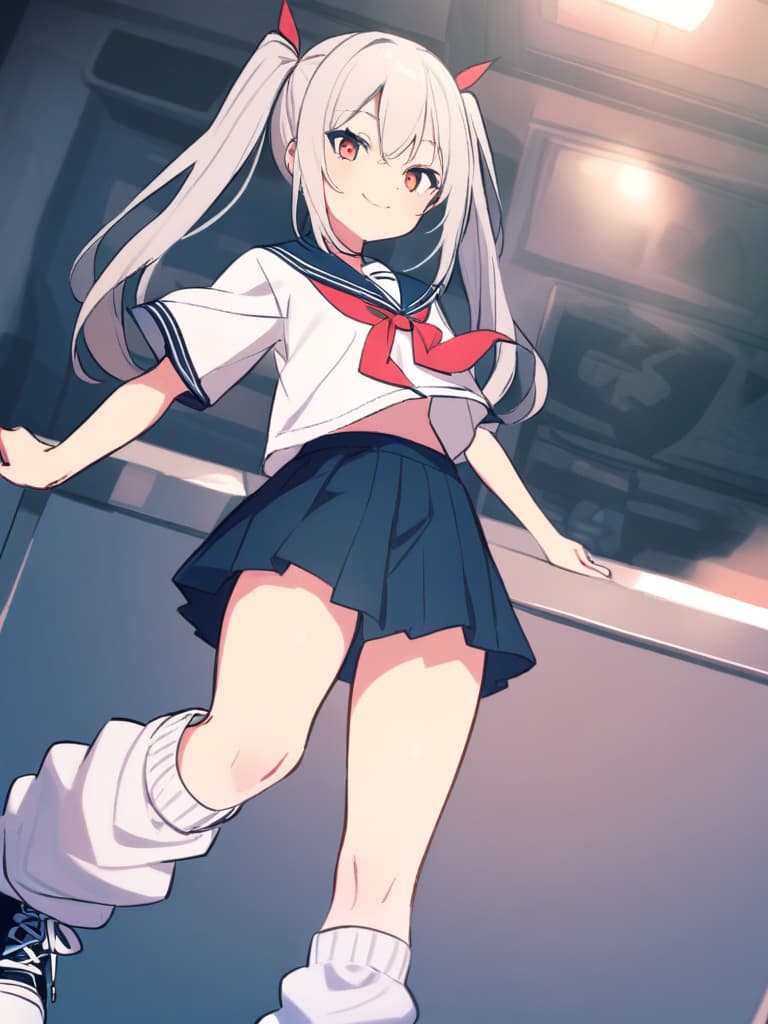   junior high , sailor suit, twin tails, cute smile, extreme loose socks, bottom sneakers,